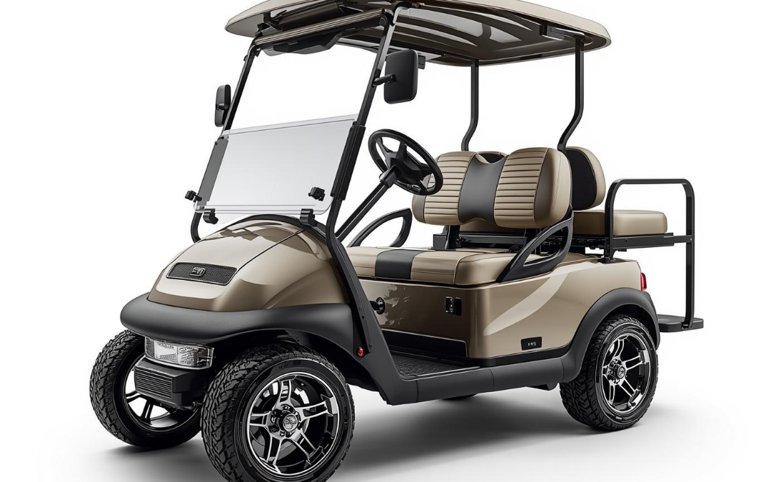 A metallic bronze-colored golf cart features custom chrome wheels, striped premium seats, a transparent front windshield, and a rear-facing passenger bench seat - www.dennisnelsoninsurance.com